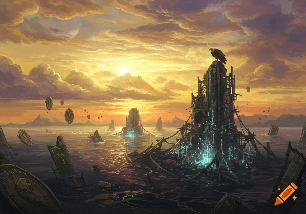 A dramatic fantasy landscape painting at sunset, featuring a vulture on futuristic ruins in glowing water, with floating medallions and a moon.