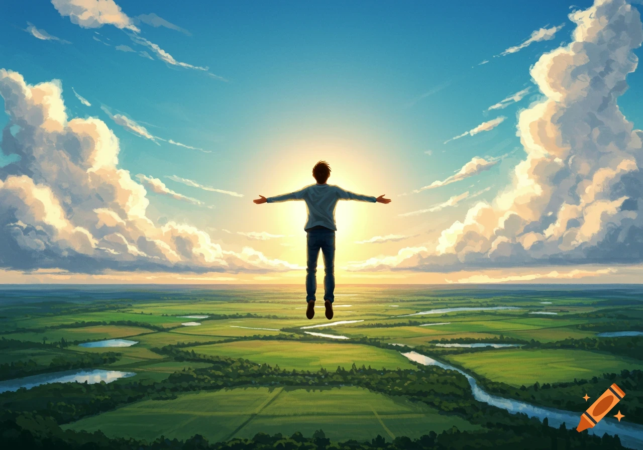 A man with outstretched arms floats above a vast green landscape with rivers under a bright sun and cloudy blue sky.