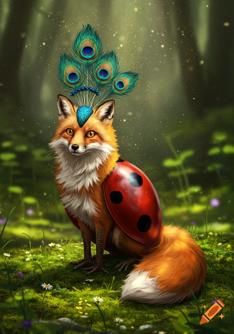A fox with a ladybug shell on its back and peacock feathers on its head sits in a lush green forest.