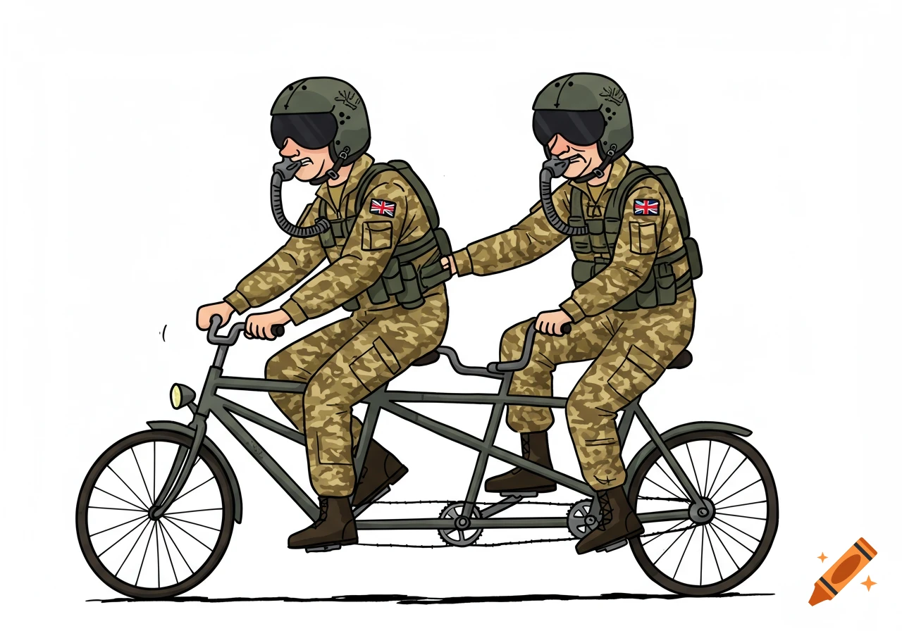 Cartoon of two British Apache pilots in camouflage gear riding a tandem bicycle.
