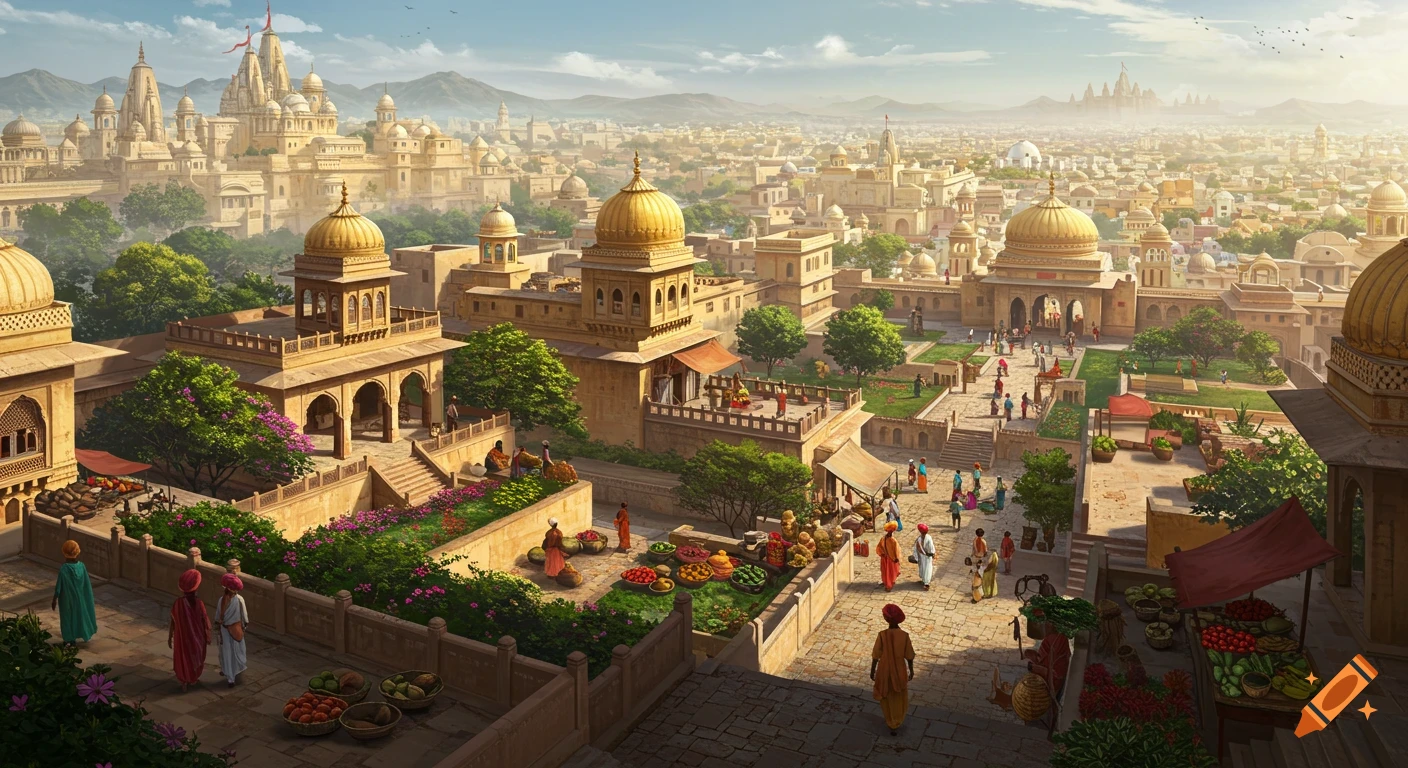 A grand, fantastical Indian city with golden-domed palaces, lush gardens, and bustling street markets filled with people and vendors.