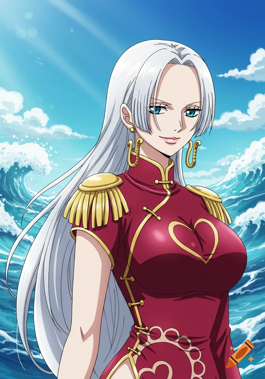 An anime woman with long white hair and blue eyes wears a red cheongsam-style dress with gold trim, standing against a backdrop of blue sky and ocean waves.