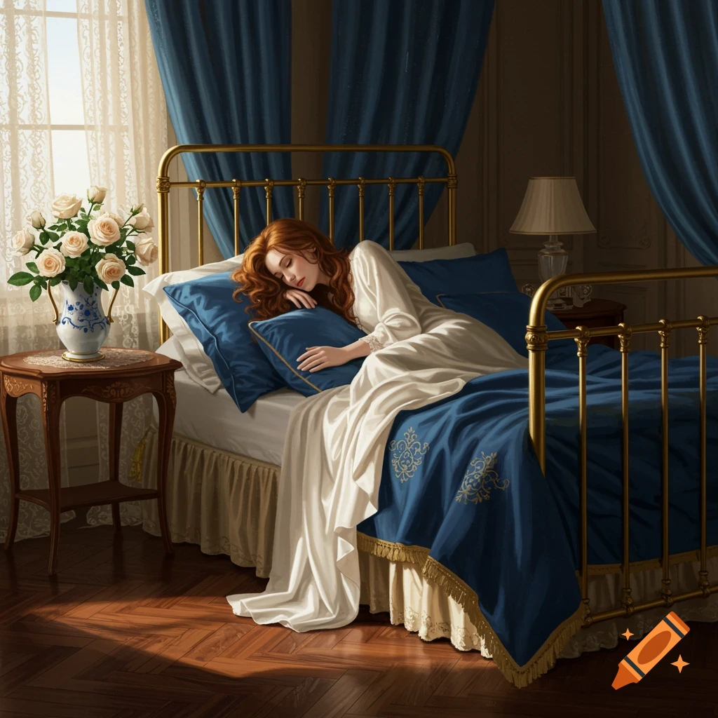 A woman with red hair sleeps peacefully in a brass bed with blue and gold bedding, bathed in sunlight from a window.