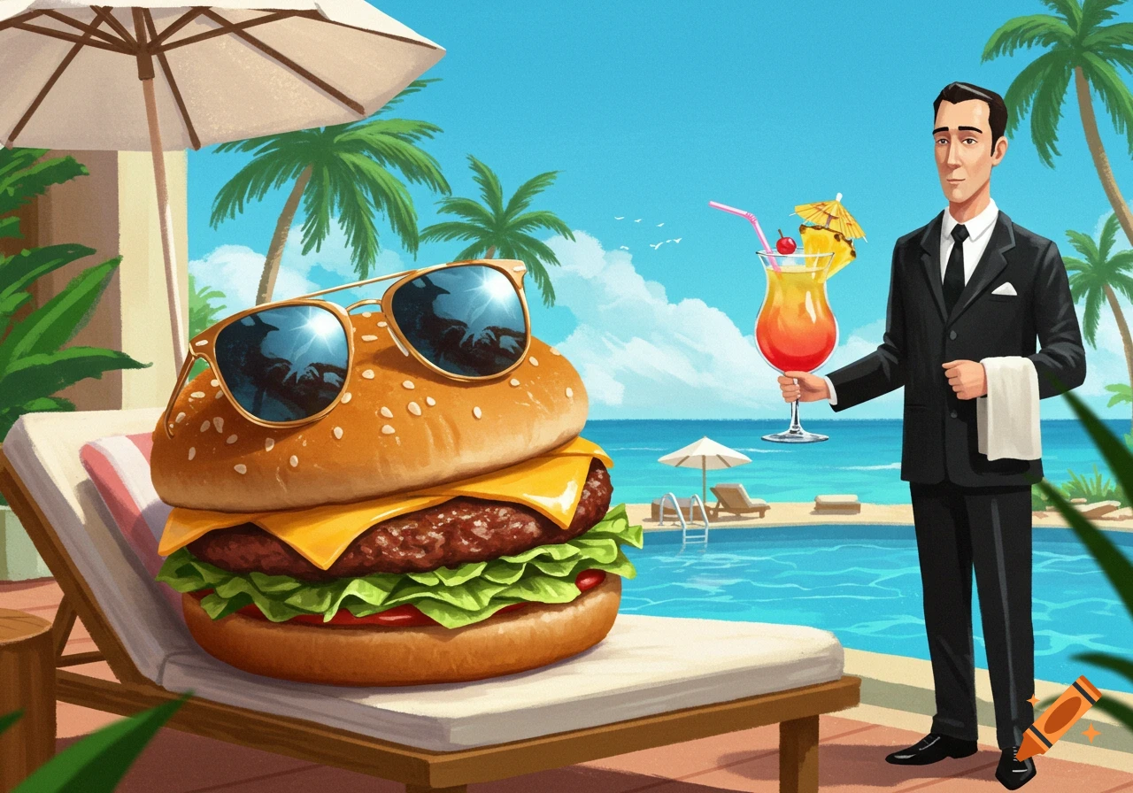 A large cheeseburger wearing sunglasses lounges on a pool chair at a resort while a waiter serves it a tropical drink.