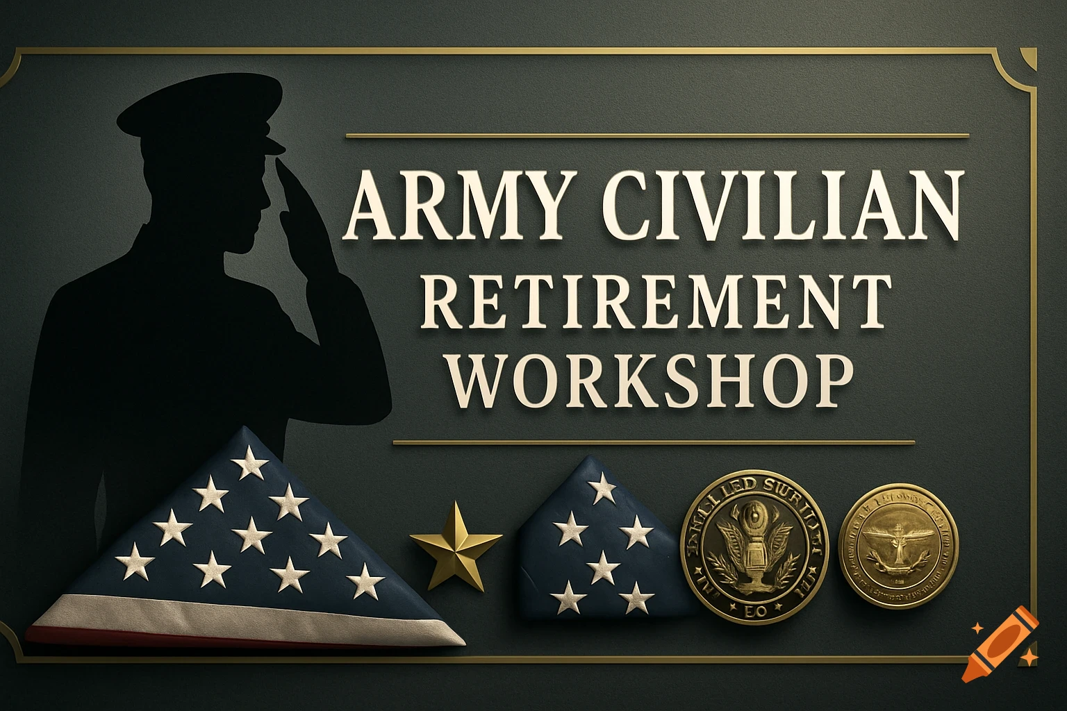Army Civilian Retirement Workshop banner with a saluting soldier silhouette, folded American flags, and military coins.