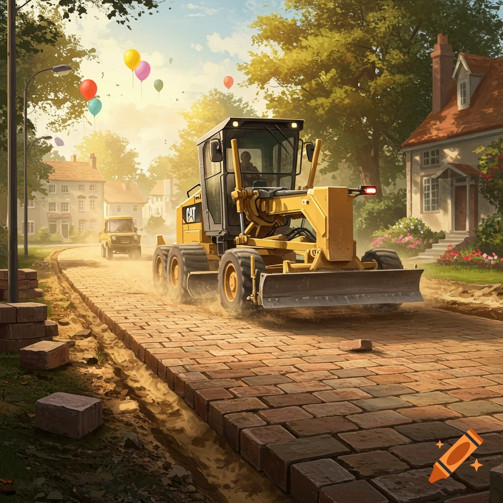 A yellow Cat grader compacts a brick road in a sunny residential neighborhood with houses, trees, and colorful balloons floating above.