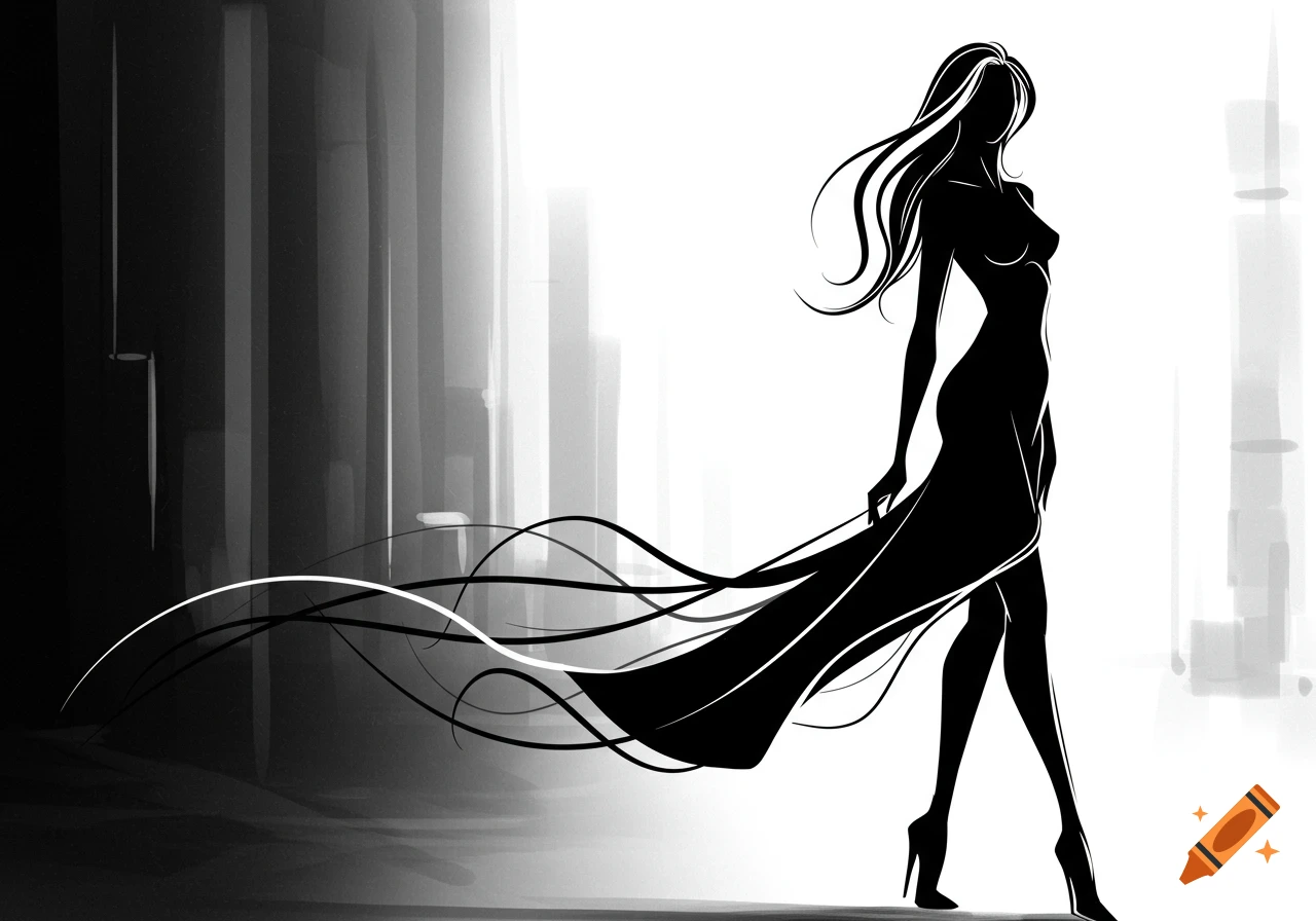 A stylized black silhouette of a woman in a flowing dress, with long hair, against a black and white abstract background.