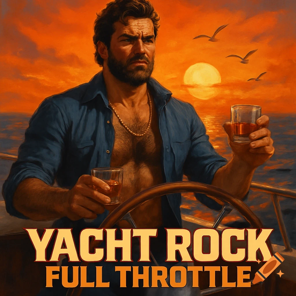 A rugged man with an open shirt on a yacht, holding whiskey glasses, against an orange sunset. Text: 'Yacht Rock: Full Throttle'. 80s vintage style.