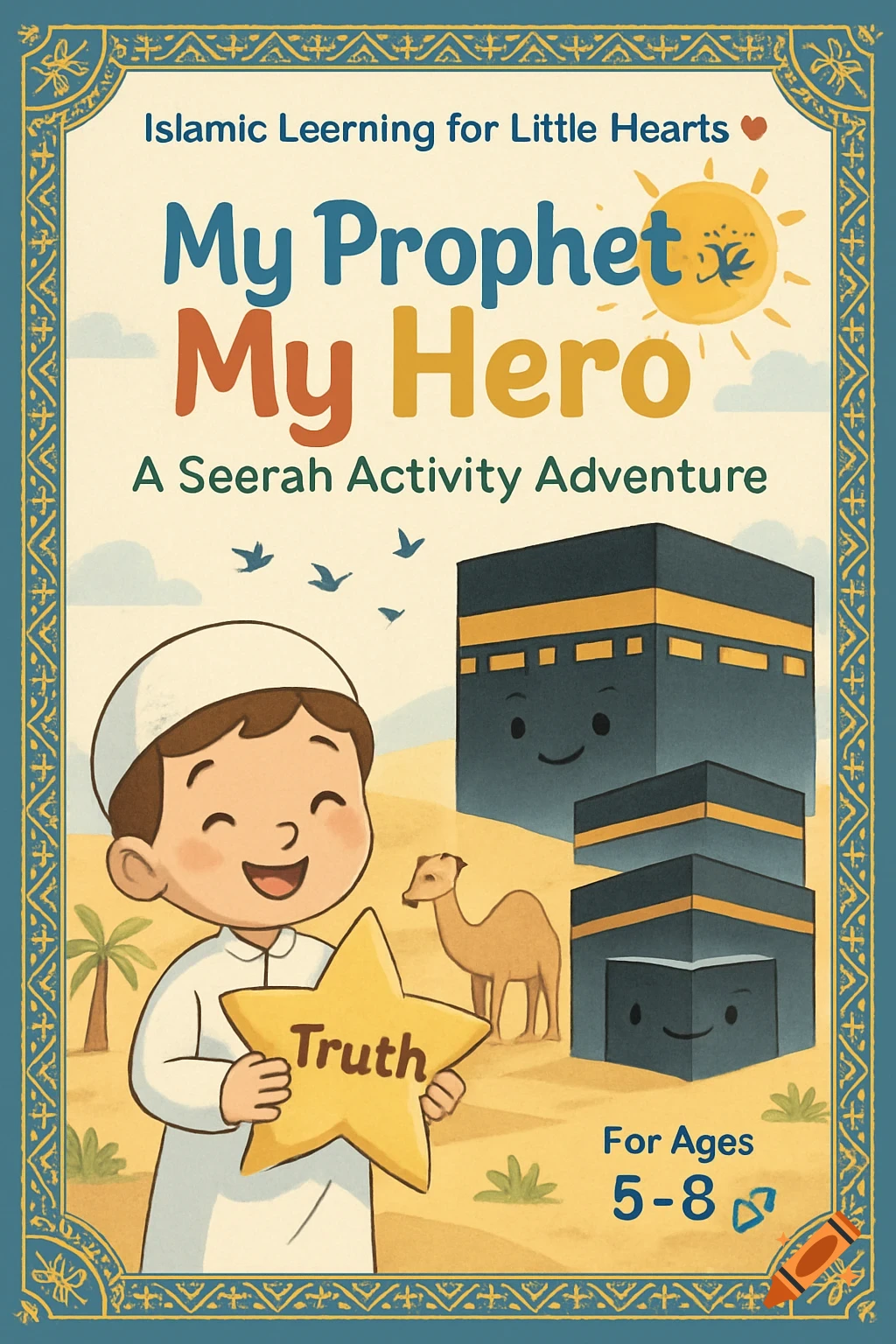 A colorful cartoon children's book cover titled "My Prophet My Hero" featuring a boy holding a star with "Truth" written on it, a camel, and the Kaaba with smiling faces, set in a desert.