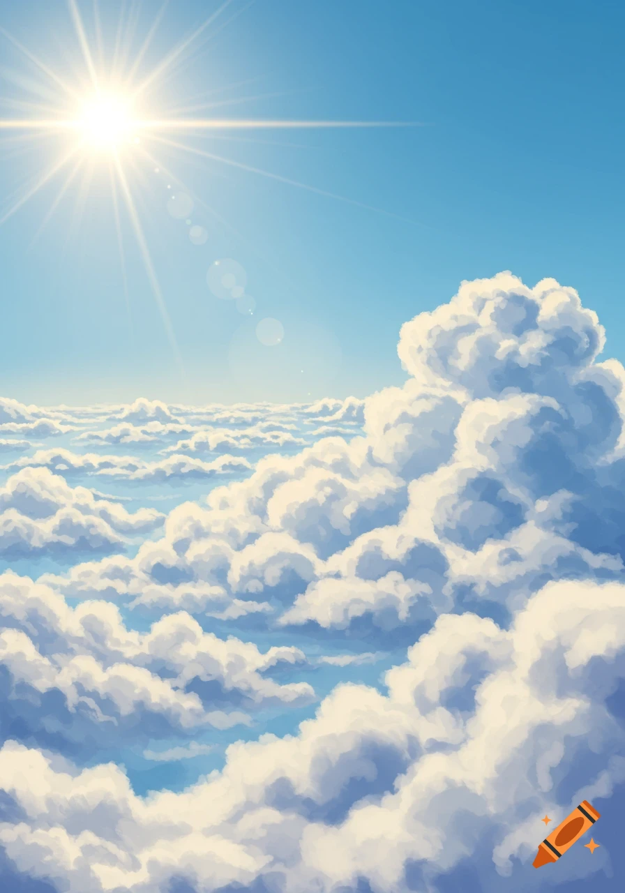 A bright sun shines in a clear blue sky above a vast expanse of fluffy white clouds.