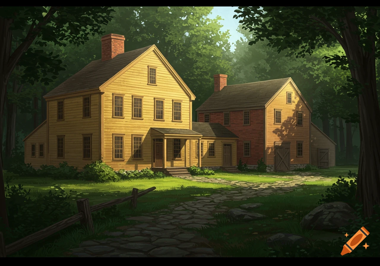 Two historical American houses, one yellow and one red, with a stone path in a wooded area. Illustrated style.