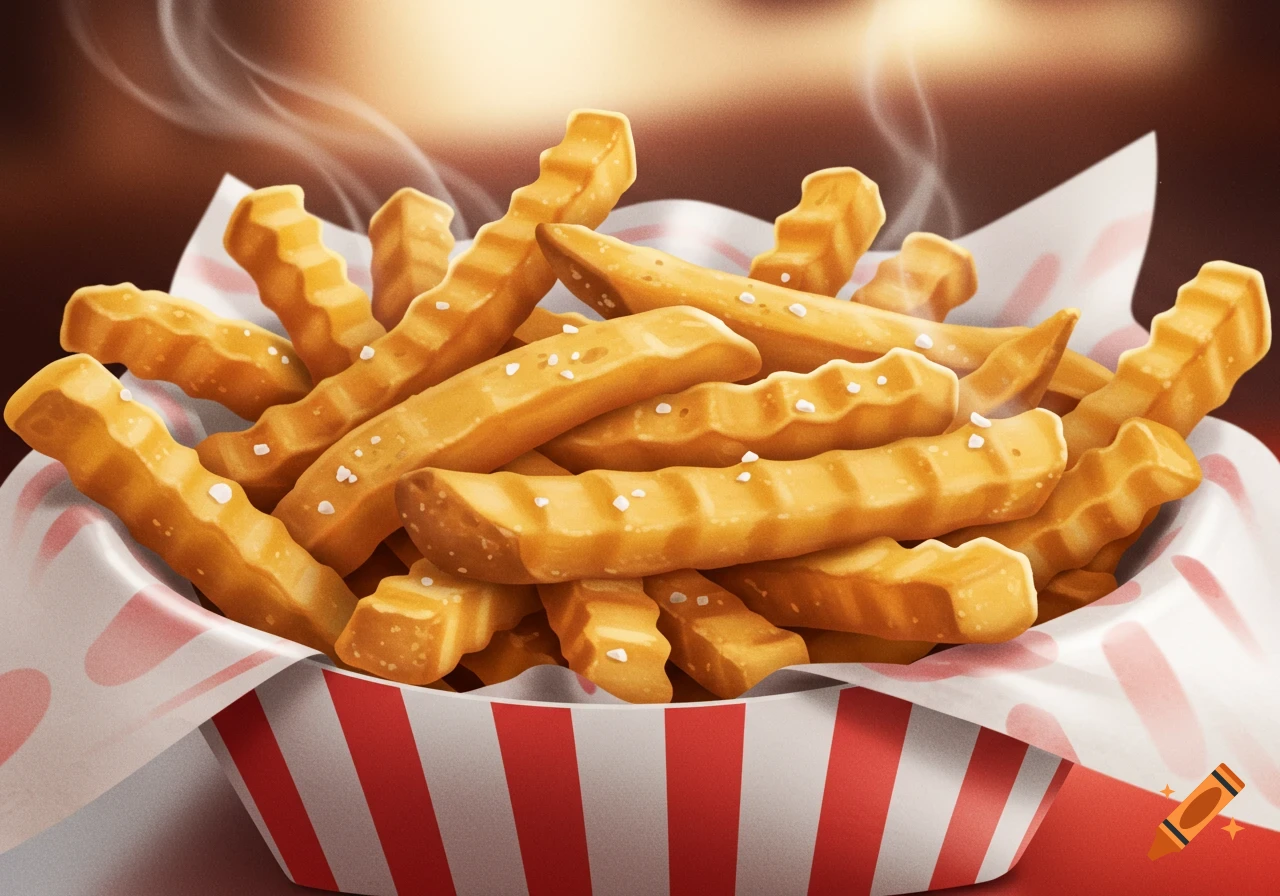 A bowl of steaming, salted crinkle-cut fries in a red and white striped container, rendered in an illustration style.