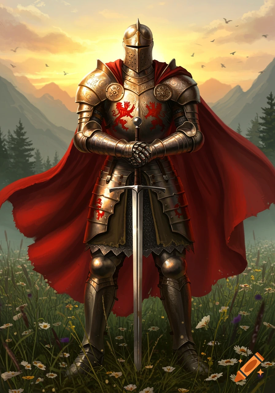A formidable knight in golden armor with a red cape stands in a field of wildflowers, holding a sword at sunset, with mountains in the background.