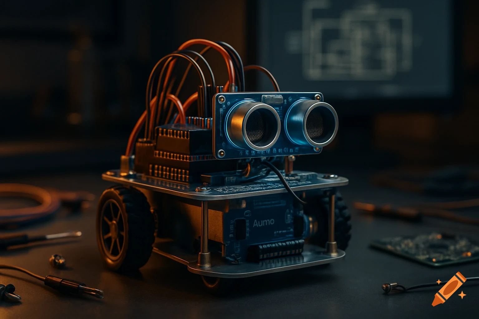 A detailed close-up of a small DIY robot with ultrasonic sensors and wires, built with an Arduino, on a dark workbench.