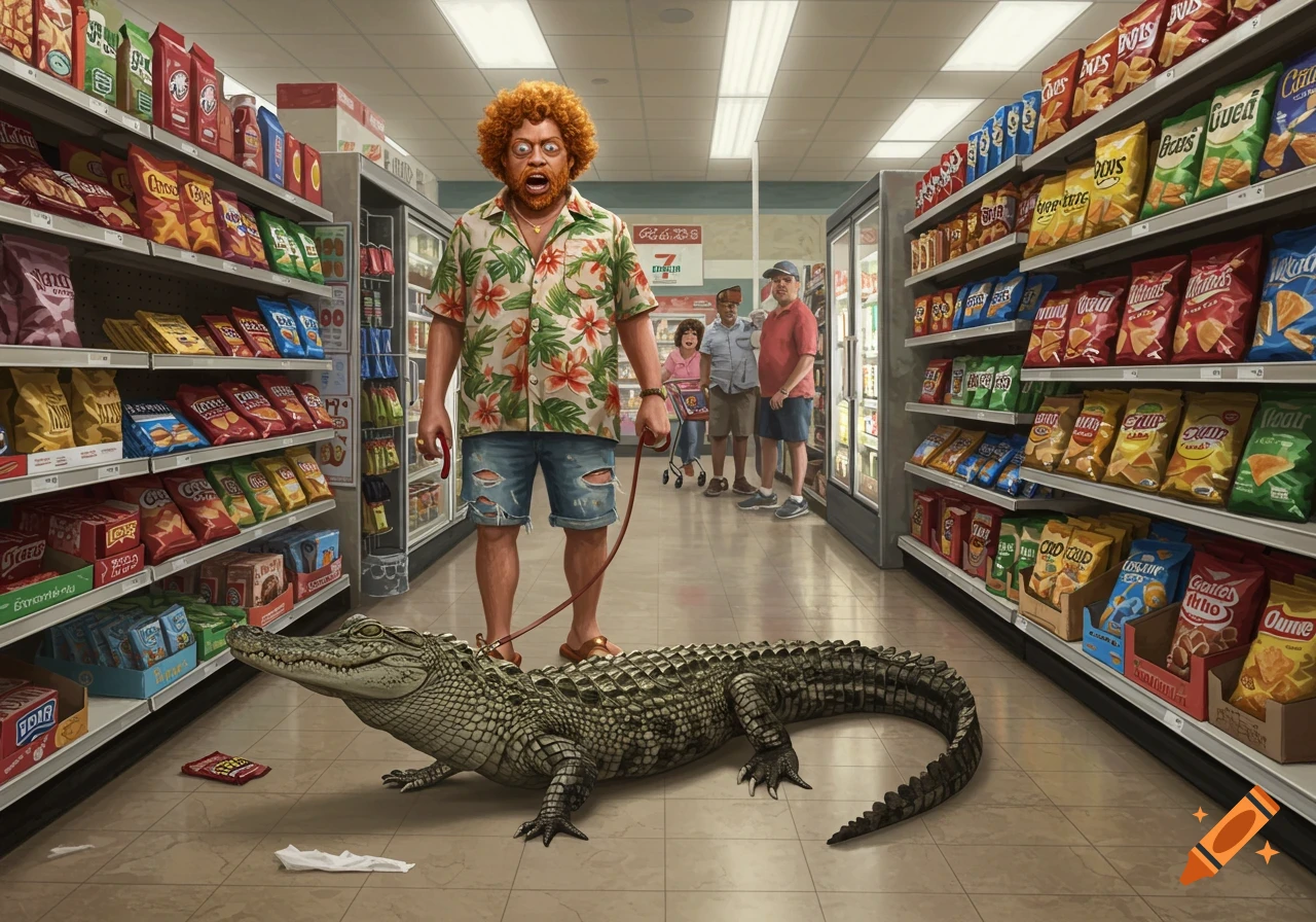 A man with red curly hair and a floral shirt walks a pet alligator on a leash down a grocery store aisle, with shelves full of snacks and other shoppers in the background.