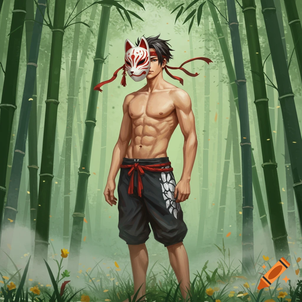 A shirtless Japanese man with defined abs stands in a bamboo forest, wearing black shorts and a white kitsune mask.