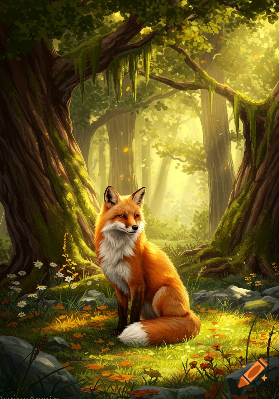 An illustration of an orange fox sitting in a sunlit, mossy forest.
