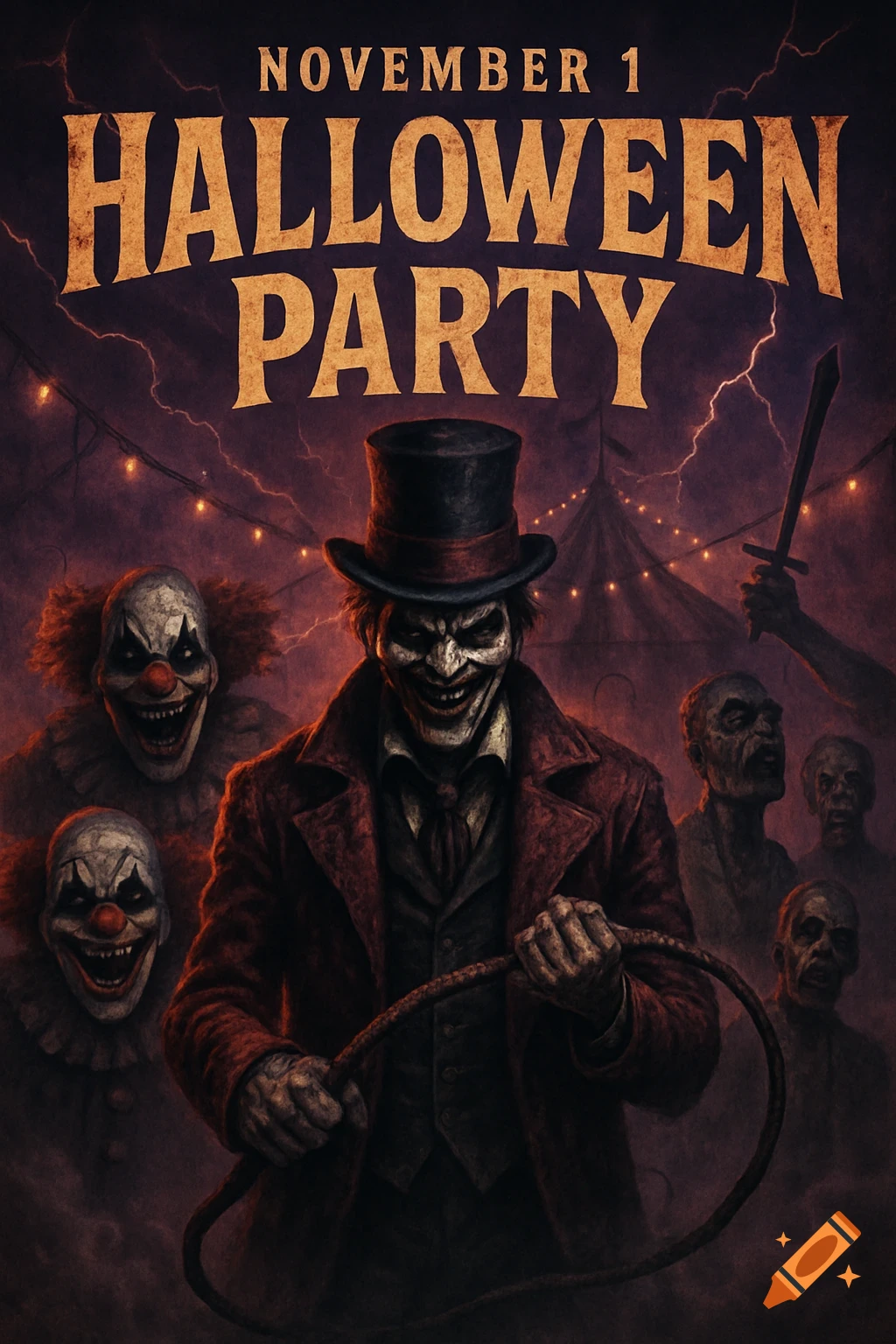 A dark Halloween party poster with a creepy ringmaster, evil clowns, and zombies under lightning, text 'NOVEMBER 1 HALLOWEEN PARTY'.