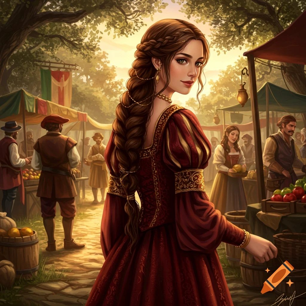 A beautiful woman in a red Renaissance dress with long braided hair looks back at a lively outdoor market scene at sunset.