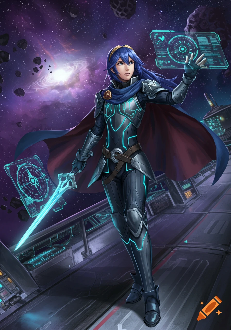 Anime-style illustration of a female character in futuristic armor holding a glowing sword and holographic screen in space.