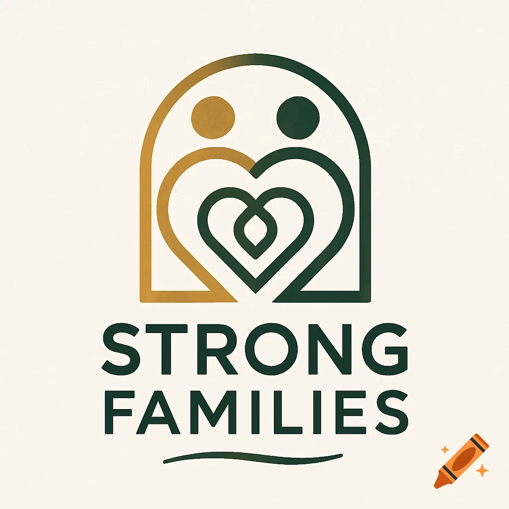 A minimalist logo featuring two stylized figures, one brown and one dark green, forming a heart shape, above the text "STRONG FAMILIES" on a light background.