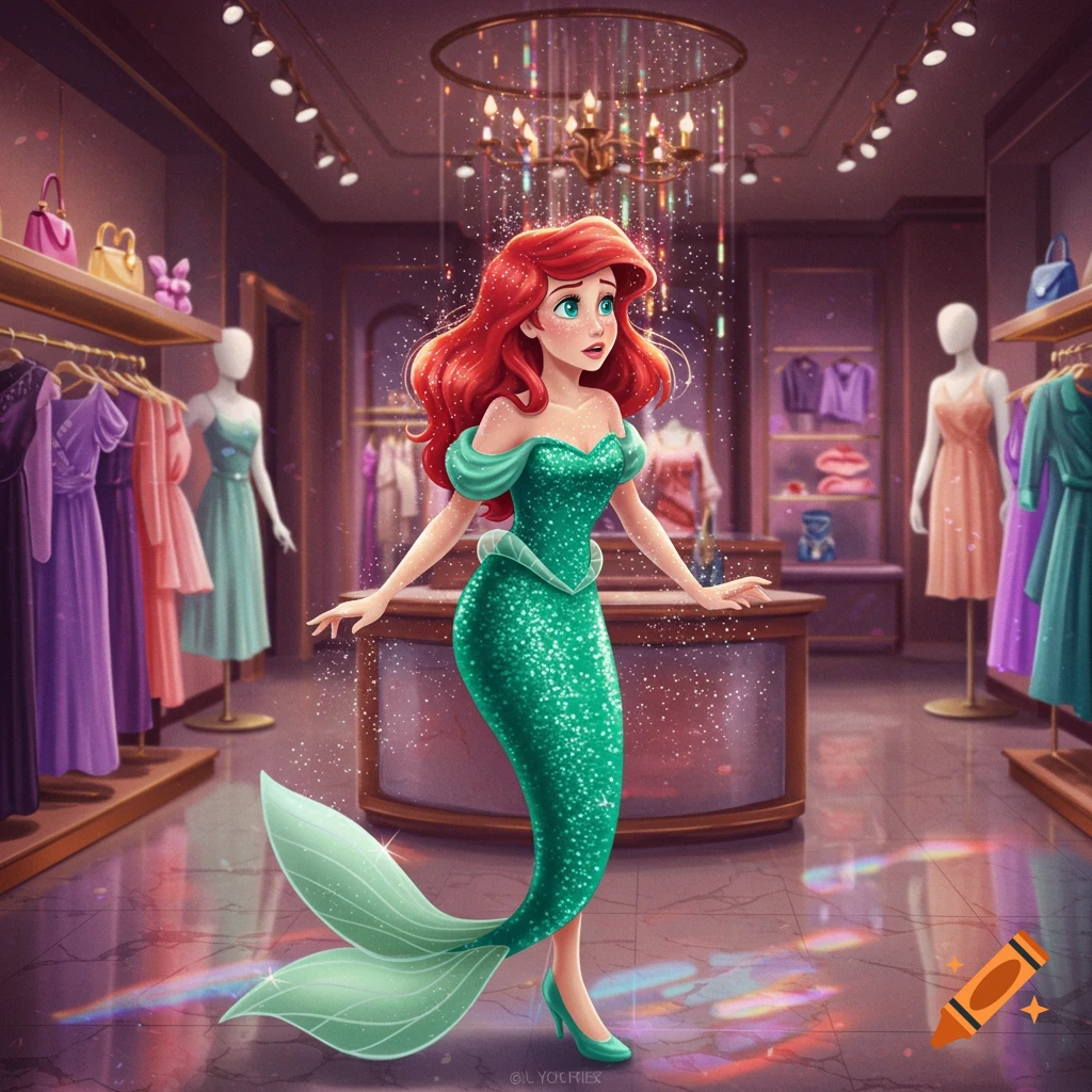 Cartoon style image of Ariel from The Little Mermaid in a sparkling green mermaid dress and tail, standing in a brightly lit clothing store.