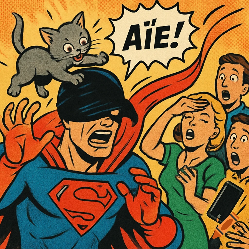 A grey kitten jumps on a superhero's head, pulling his beanie over his eyes, while onlookers gasp in a vintage comic book style.