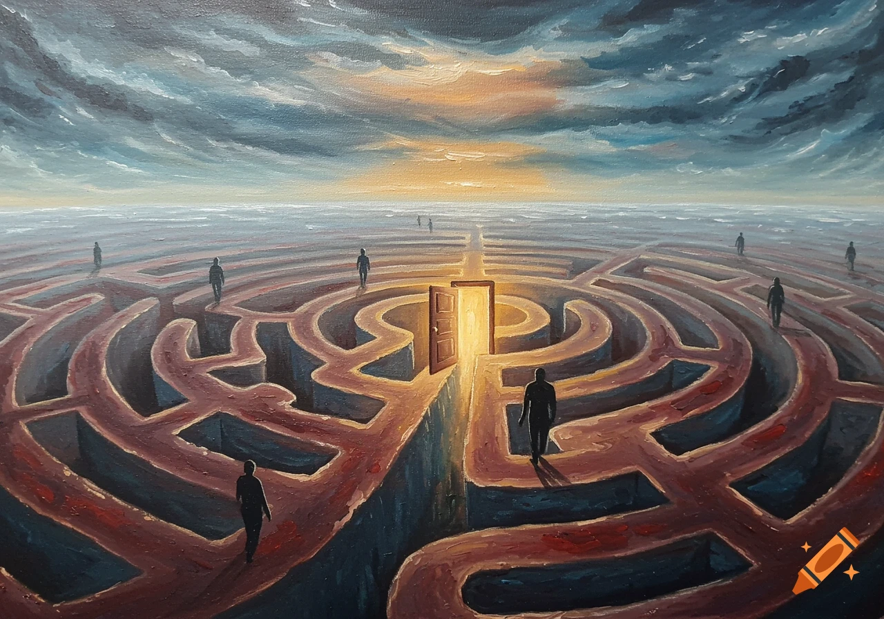 An expressive, acrylic painting depicts several silhouetted figures navigating a vast, intricate labyrinth under a dramatic, cloudy sky, with a glowing open door at its center.