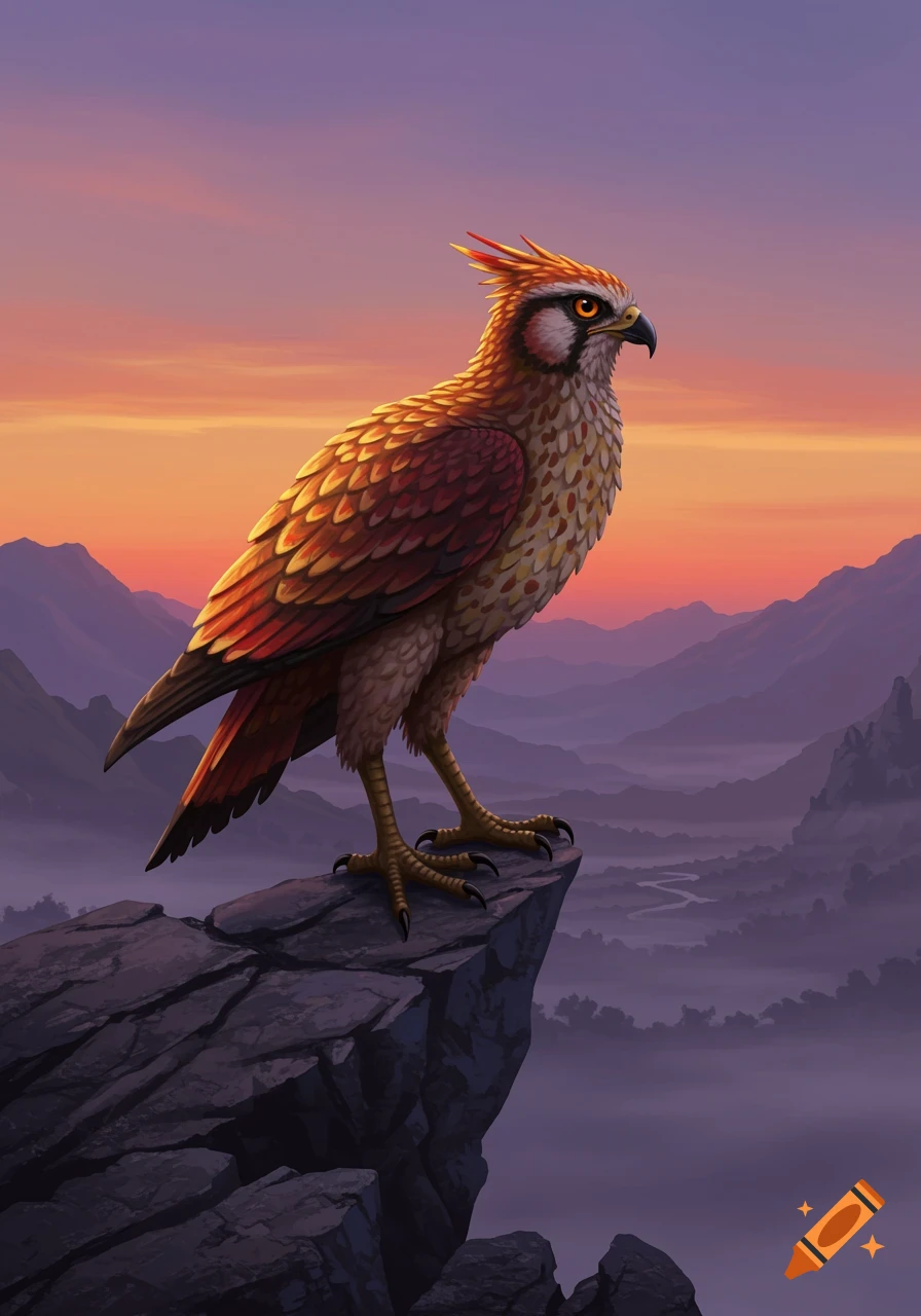 Stylized bird of prey with orange and red feathers perched on a rock cliff at sunset, overlooking a misty mountain landscape.