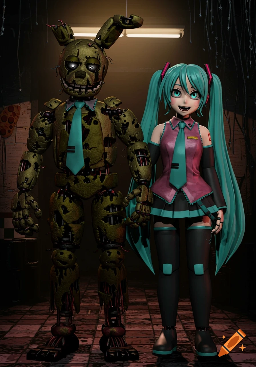 A 3D render of Springtrap from FNAF and Hatsune Miku standing in a dimly lit, dilapidated room.