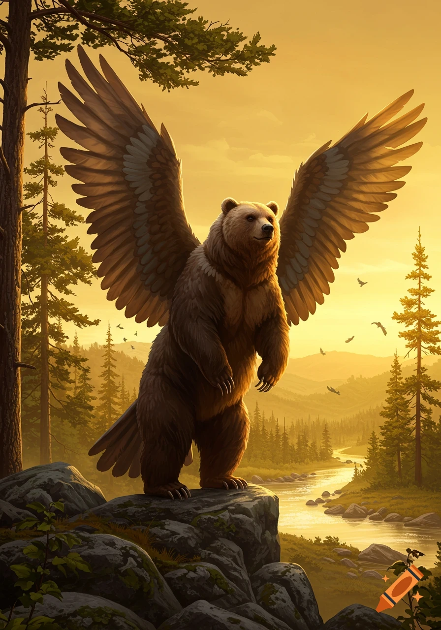 A majestic brown bear with large bird wings and bird legs stands on a rock in a forest with a river at sunset.