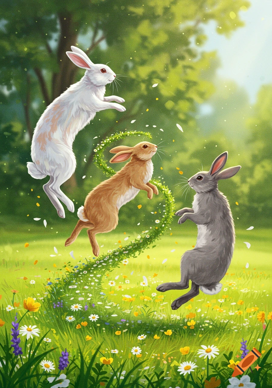 Three white, brown, and gray rabbits jump and float above a vibrant green field filled with colorful wildflowers, with trees in the background.
