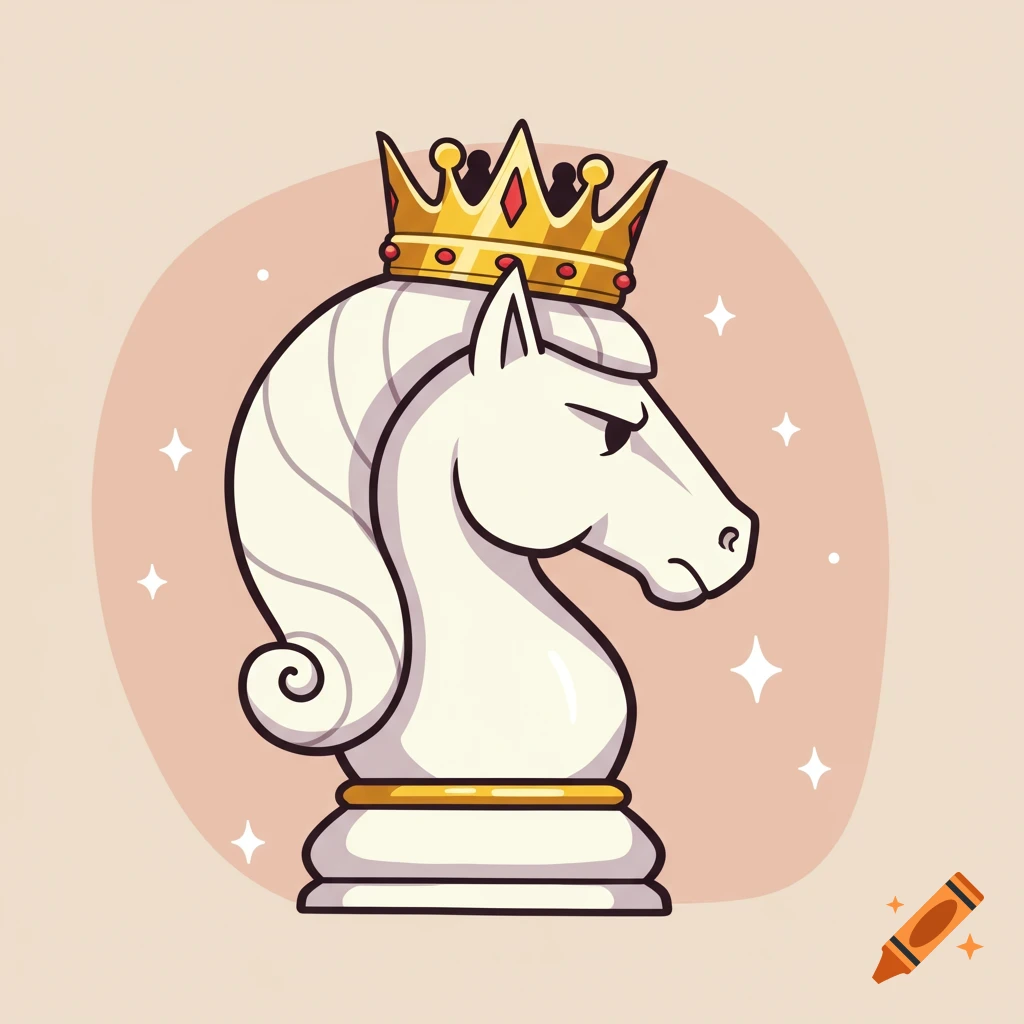 A simple 2D cartoon illustration of a white chess knight (horse head) wearing a gold crown, in side profile.