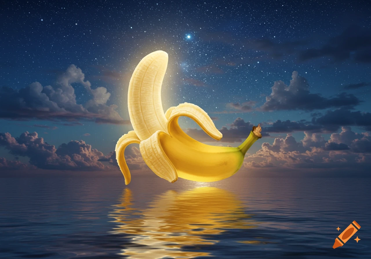 A peeled banana with a glowing tip floats on calm water under a starry night sky with clouds.