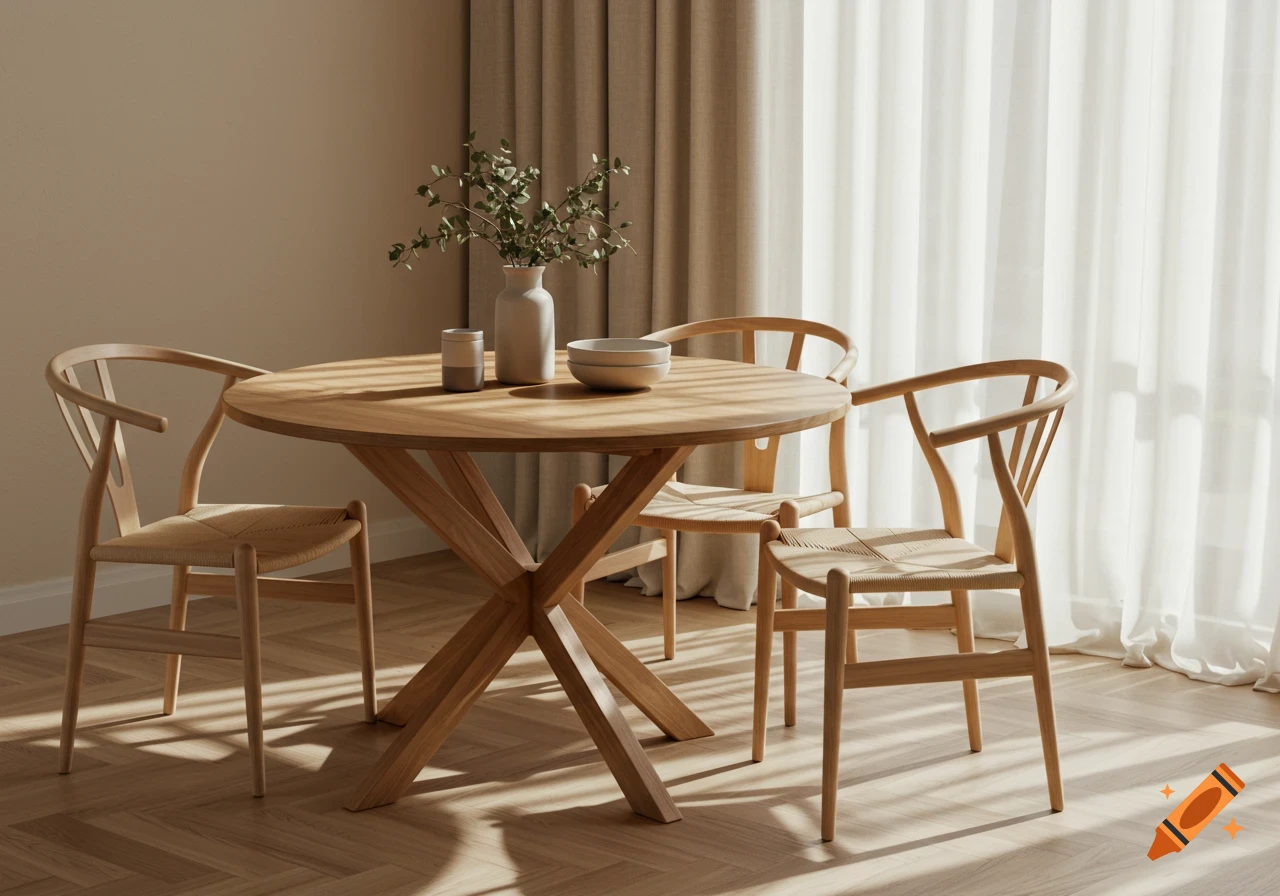 A round natural wood dining table with X-shaped legs and three wooden wishbone chairs with woven seats, illuminated by sunlight filtering through sheer white curtains onto a herringbone wood floor.