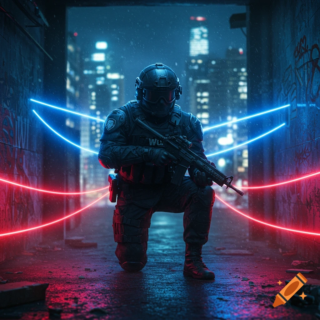 A tactical soldier in dark armor kneels in a rain-slicked alley with glowing red and blue lights, a city skyline in the background.