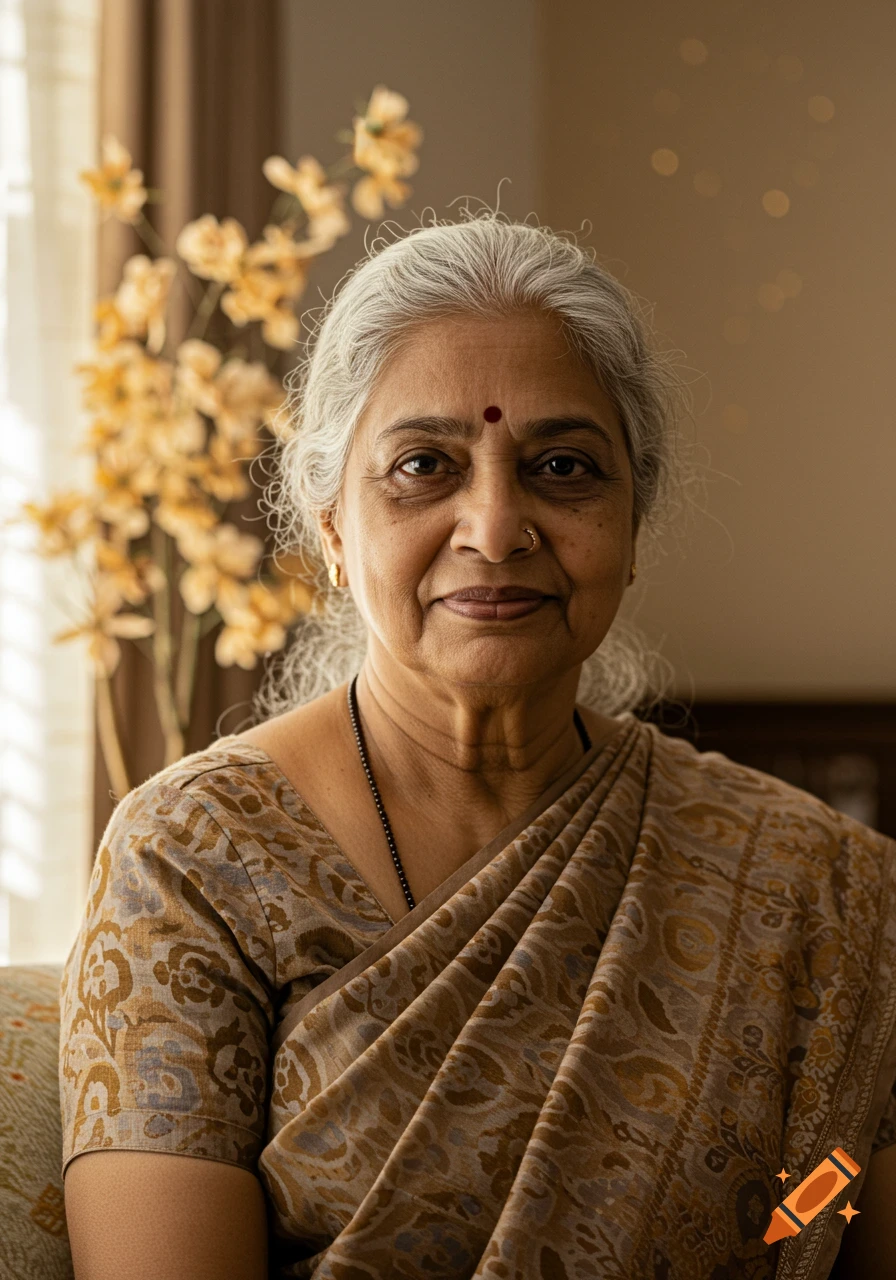 Photorealistic portrait of a smiling elderly Indian woman with gray hair wearing a patterned saree, indoors.