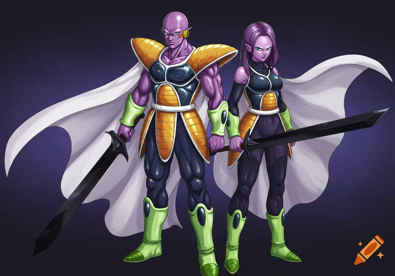 Male and female alien warriors with purple skin in orange and black battle armor, white capes, holding black energy swords.