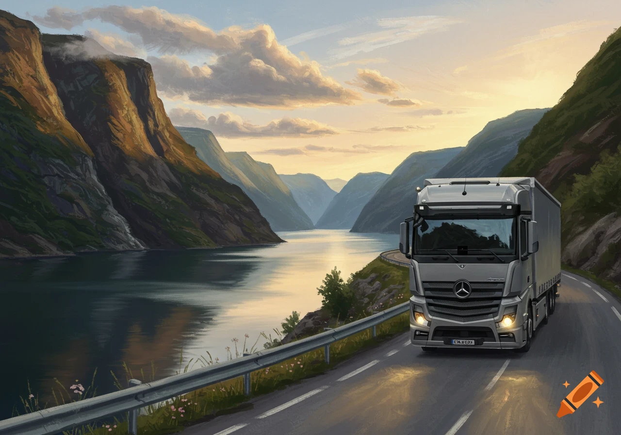 A Mercedes truck drives along a coastal road next to a fjord with mountains at sunset, in an oil painting style.