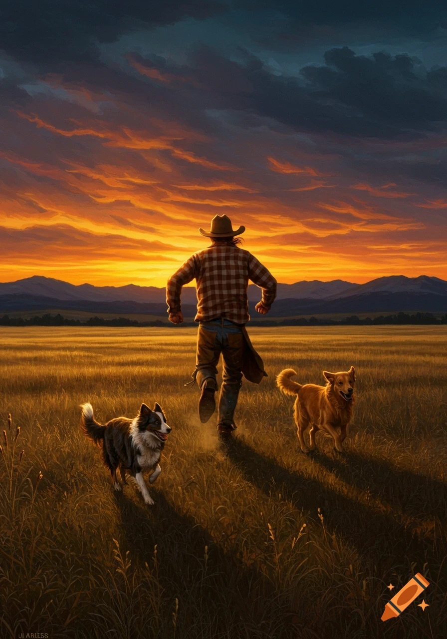 A man and two dogs run through a golden field at sunset with mountains in the distance under a dramatic sky.
