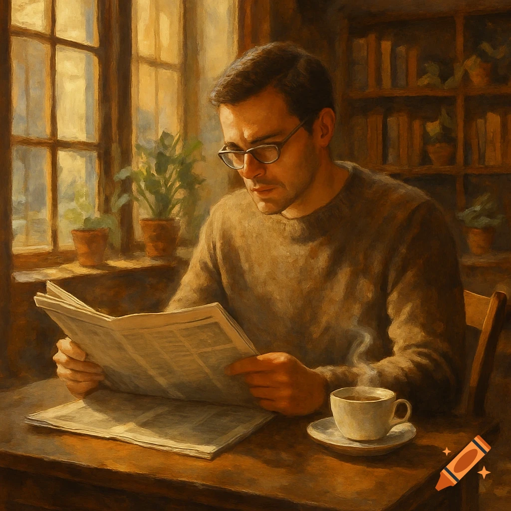 A man with glasses in a brown sweater reads a newspaper at a wooden table with a steaming cup of coffee in a painterly style.