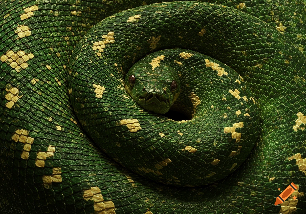 A close-up, top-down view of a coiled green python with yellow markings ...