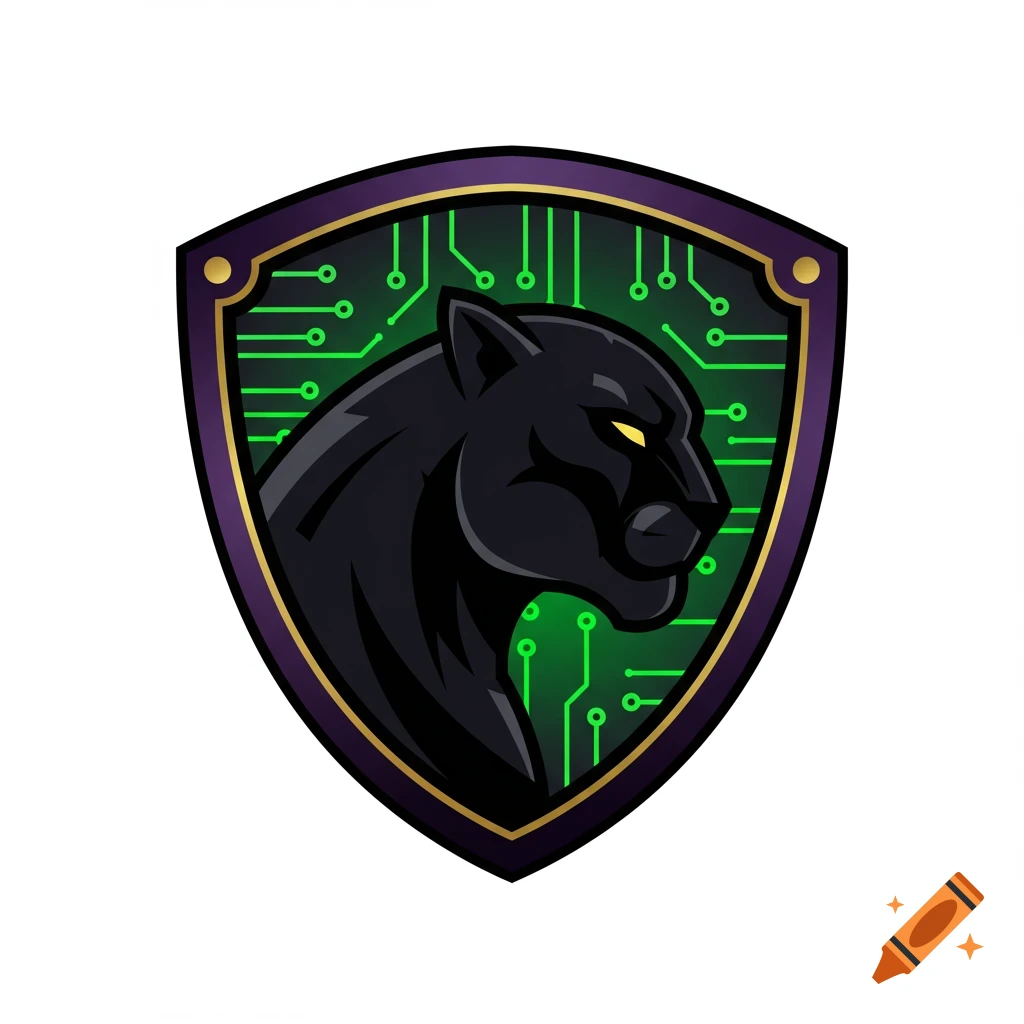 Minimalist vector logo of a black panther head in profile within a purple shield with green circuit board patterns and gold trim.