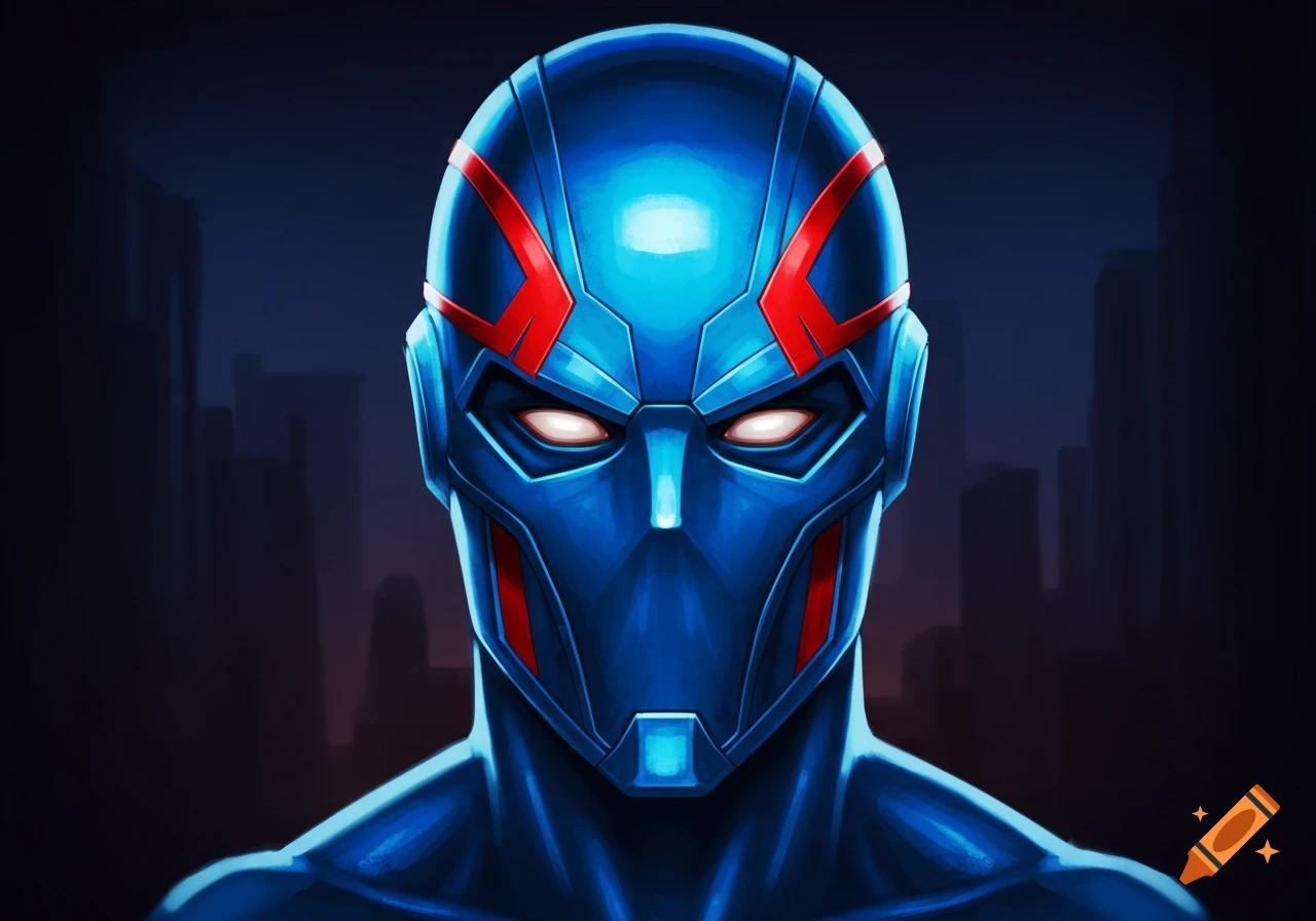 A close-up of a blue superhero helmet with red 'R' symbols and glowing white eyes, against a dark city background.