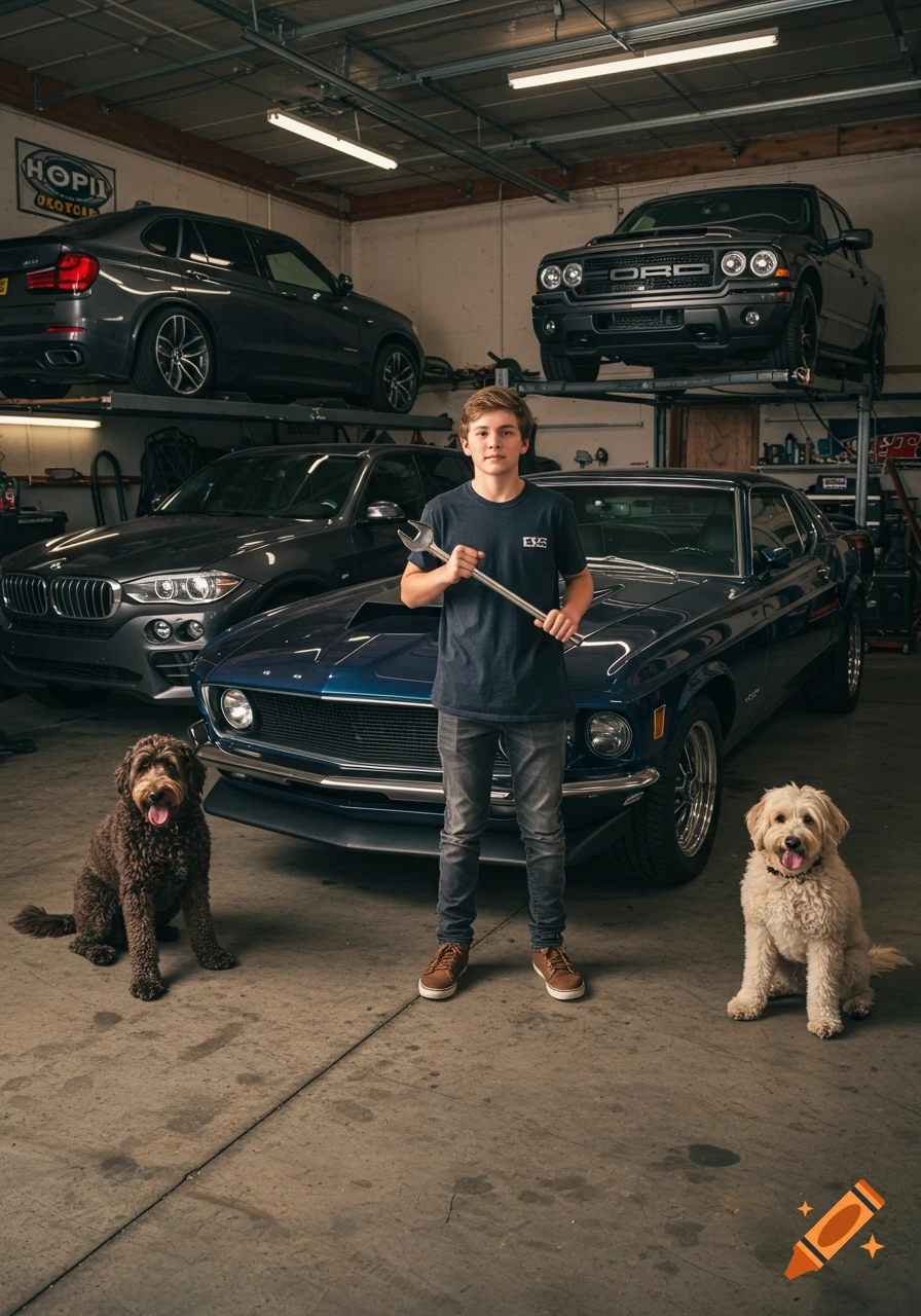 A young man holding a large wrench stands in a garage between a dark brown doodle and a white doodle. Several cars are visible in the background, including a classic blue Ford Mustang.