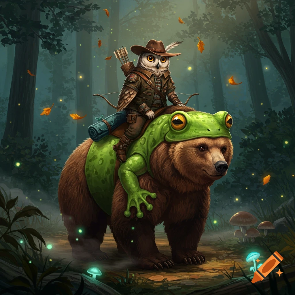 A hunter owl rides a bear wearing a frog costume through an enchanted forest with glowing mushrooms.