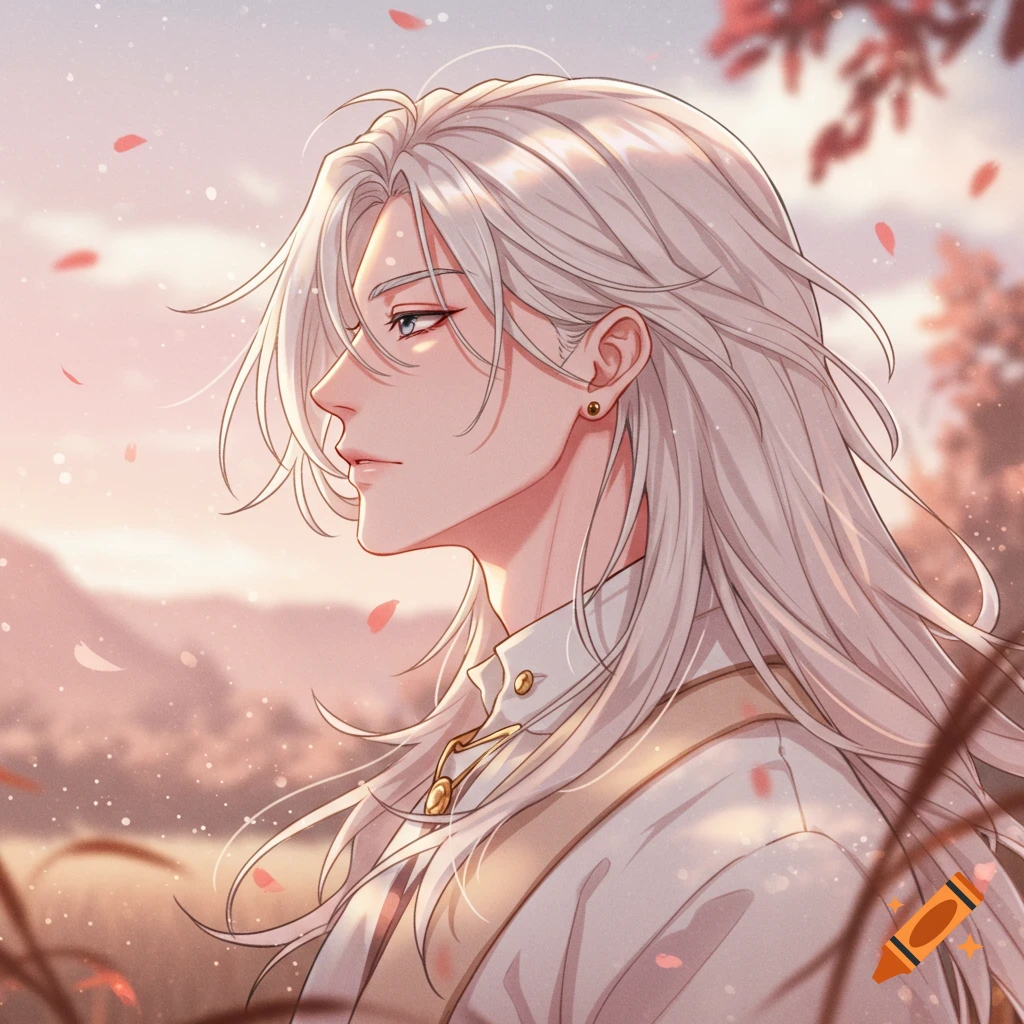 Anime-style portrait of a handsome male character with long white hair and hooded eyes, looking left in a soft, sunlit field with falling petals.