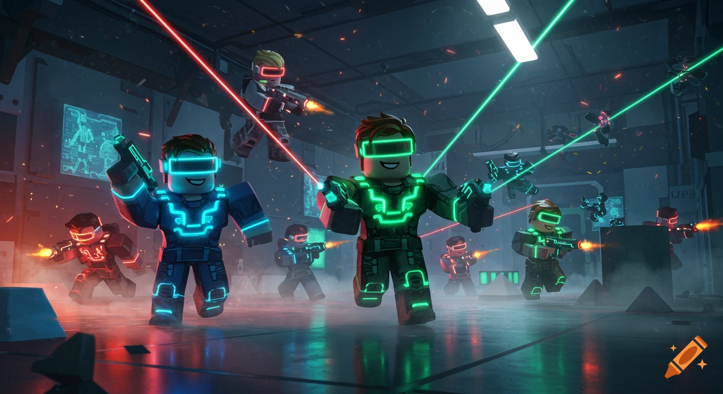 Roblox characters playing laser tag in a dark, futuristic arena with glowing neon suits and laser beams.