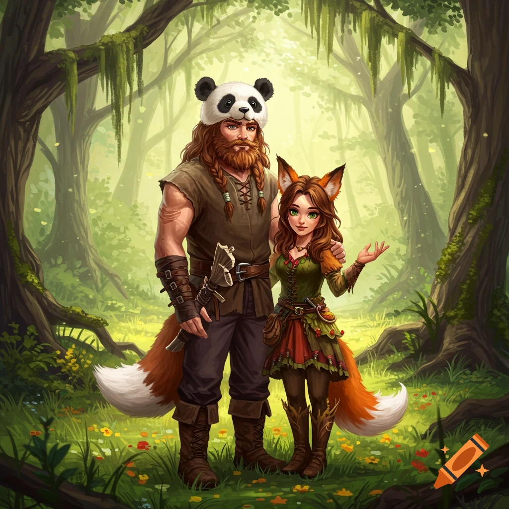 A bearded man wearing a panda hat stands next to a woman with fox ears and tail in a magical forest, digital art.