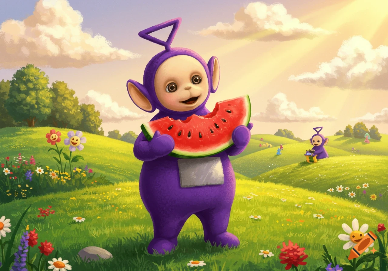 A purple Teletubby, Tinky Winky, smiles while holding and eating a large slice of watermelon in a sunny, grassy field. Another Teletubby is in the background.